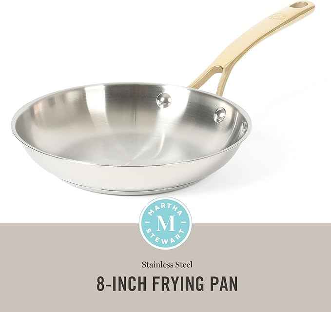 Martha Stewart Castelle 8-Inch Stainless Steel Frying Pan with Gold-Tone Handle – Tri-Ply Encapsulated Bottom, Oven Safe & Induction Safe Skillet for Searing and Sautéing