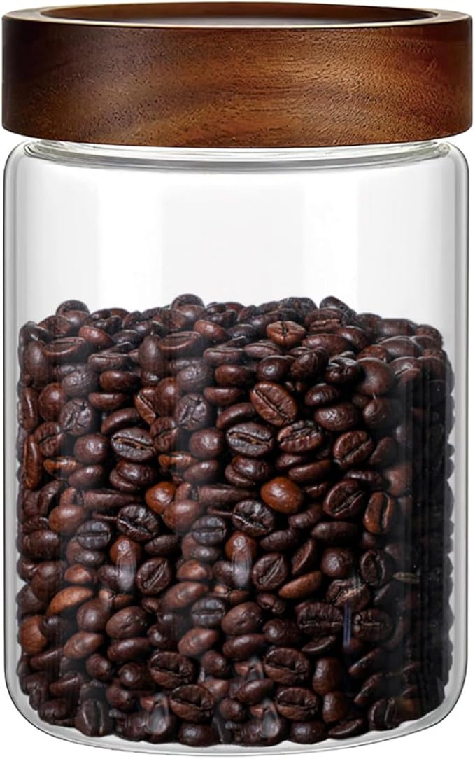 28 Fl oz/850 ml Glass Food Storage Jar, Premium Clear Glass Container Jar with Airtight Wooden Screw Lid, Kitchen Canisters for Coffee,Tea,Pasta,Cookies, Nuts,Spice,Candy,Overnight Oatmeal（Medium）