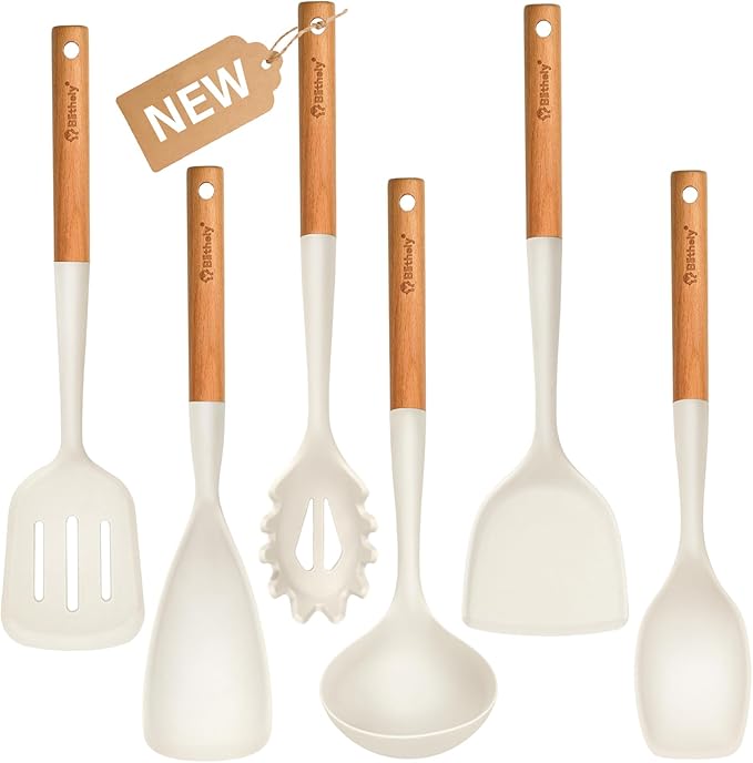 Large Silicone Kitchen Utensils Set, 6 PCS Nonstick Cooking Utensils Set with Wooden Handle, Heat Resistant and BPA Free Silicone Utensil Spatula Set for Cooking with Turner, Spoon and Ladle(White)