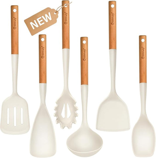 Large Silicone Kitchen Utensils Set, 6 PCS Nonstick Cooking Utensils Set with Wooden Handle, Heat Resistant and BPA Free Silicone Utensil Spatula Set for Cooking with Turner, Spoon and Ladle(White)