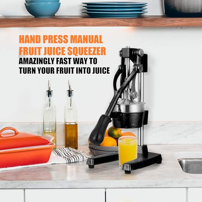 Commercial Heavy Duty Cast Iron Hand Press Manual Orange Citrus Lemon Lime Grapefruit Pomegranate Fruit Juice Squeezer Machine with Stainless Steel Cup Black