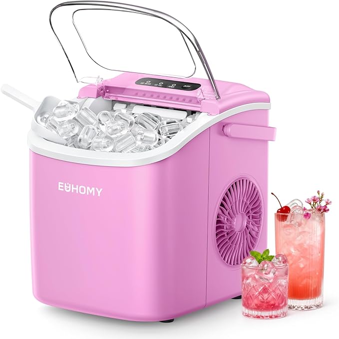 EUHOMY Countertop Ice Maker Machine with Handle, 26lbs in 24Hrs, 9 Ice Cubes Ready in 6 Mins, Auto-Cleaning Portable Ice Maker with Basket and Scoop, for Home/Kitchen/Camping/RV. (Pink)