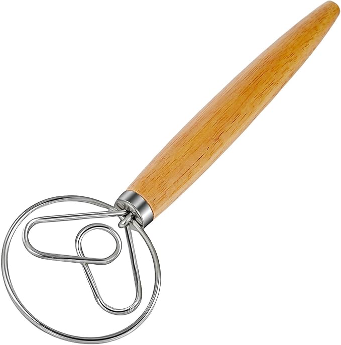 Danish Dough Whisk Dutch Bread Mixer Stainless Steel Hook Wooden Handle Baking Tools for Sourdough Pizza Pastry Cake Batter Making