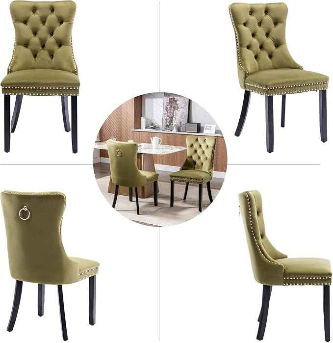 Velvet Dining Chairs Set of 6, Upholstered Dining Room Chairs with Back Ring Pull Trim and Solid Wood Legs,Tufted Wingback Kitchen Chairs for Dining Room,Living Room,Kitchen(Olive Green)