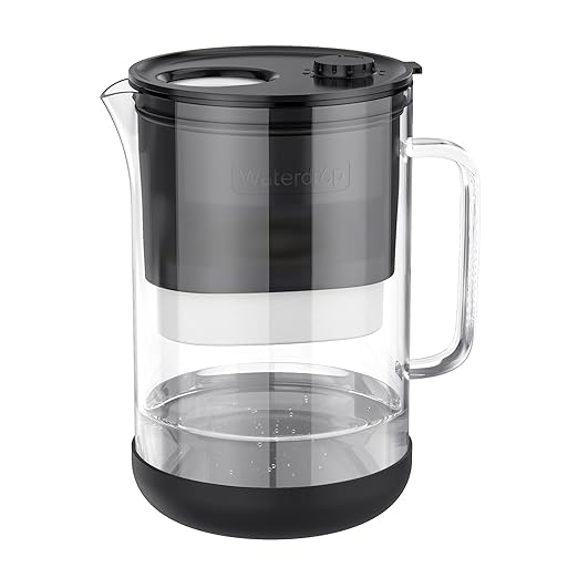 Waterdrop PT-09BL 10-Cup Large Glass Water Filter Pitcher, Eco-Friendly, NSF/ANSI 53, 42 & 372 Certified Filter, Reduces PFOA/PFOS, Chlorine, Cadmium, Copper & Mercury, BPA-Free, Easy to Clean, Black