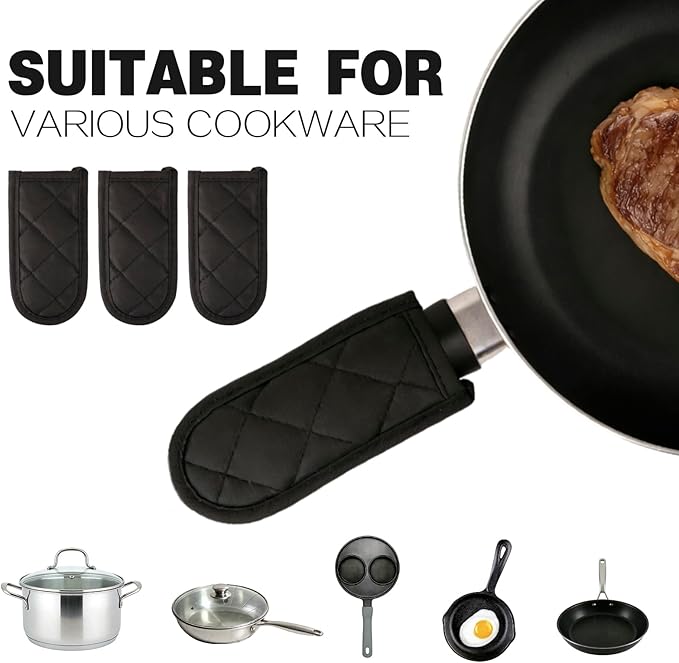 24 Pack Heat Resistant Cast Iron Handle Covers, Non-Slip Cotton Skillet Sleeves for Hot Pot & Pan, Washable Quilted Cookware Protectors for Baking & BBQ, Black (6.1 x 3.3 in)