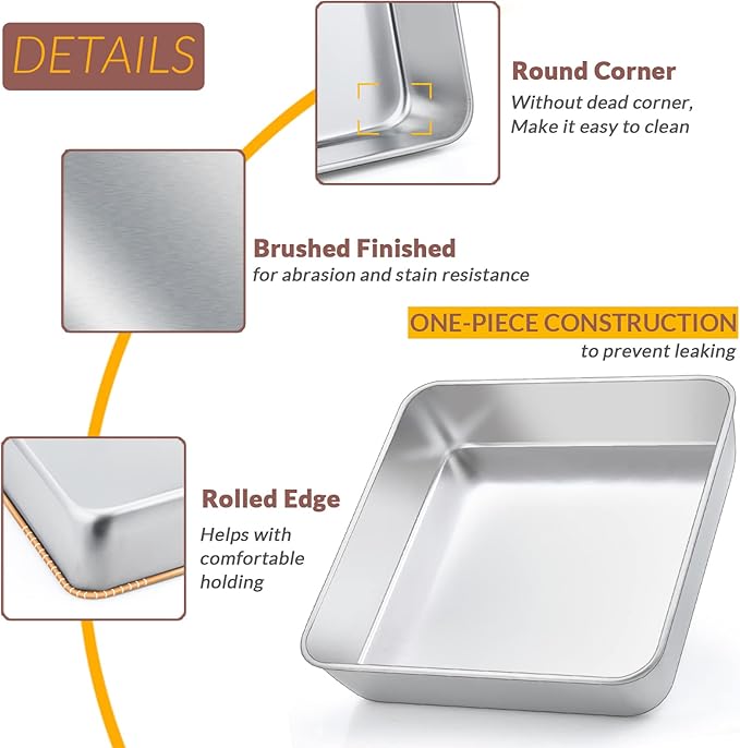 6/8/9-Inch Square Cake Pan Set, E-far Stainless Steel Square Baking Brownie Pans Metal Bakeware Set of 3, Non-toxic & Healthy, Easy Clean & Dishwasher Safe