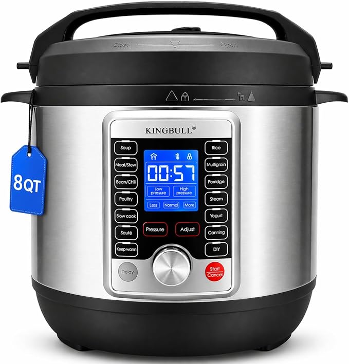KINGBULL 14-in-1 Electric Pressure Cooker 8 Quart, Stainless Steel Multi Cooker with LCD Display and Knob Control, Slow Cooker, Rice Cooker, Steamer, Sauté, Yogurt Maker, Warmer, DIY Mode