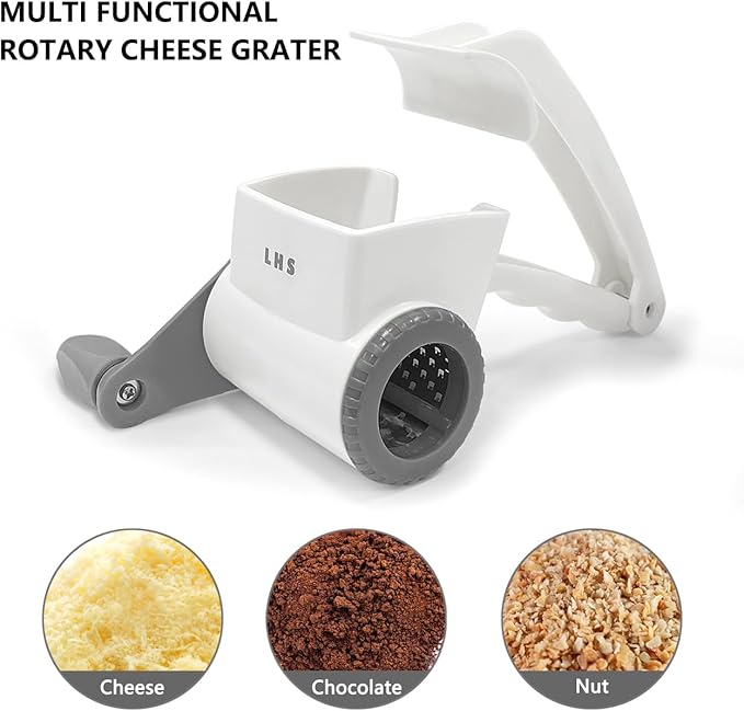 LHS Rotary Cheese Graters for Kitchen, Professional Manual Crank Handheld Cheese Grater with Stainless Steel Drum for Grating Hard Cheese, Chocolate, Nuts and More（Grey）