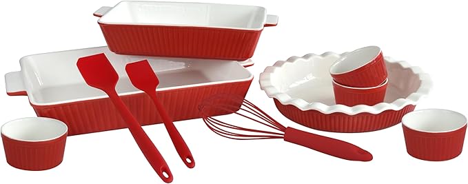 GOURMETEDGE 10-Piece Stackable Ceramic Bakeware Set - Ideal Mother's Day Gift, Non-Toxic Non-Stick Oven Safe, PFOA & PFOS Free, Includes Baking Dishes, Pie Plate, Ramekins & Silicone Tools (Red)