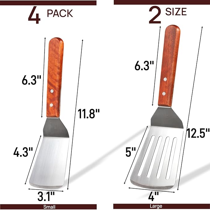 4 Pack Stainless Steel Spatula Set, 2 Sizes Metal Spatulas for Kitchen Use, Hevy Duty Solid & Slotted Turner with Wooden Handle, Flat Top Grill Spatula for Egg, Hamburger, Fish, Cooking, BBQ
