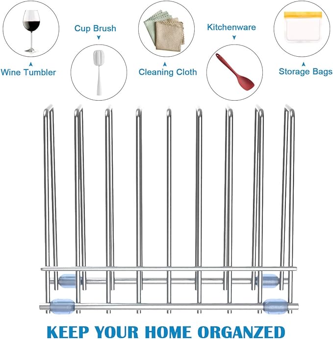 Reusable Storage Bags Rack, Drying Rack for Storage Bags, Stainless Stand for Reusable Freezer Containers & Vacuum Sealer Bags , File Organizer Desktop Storage, Kitchen Storage & Organization (Silver)