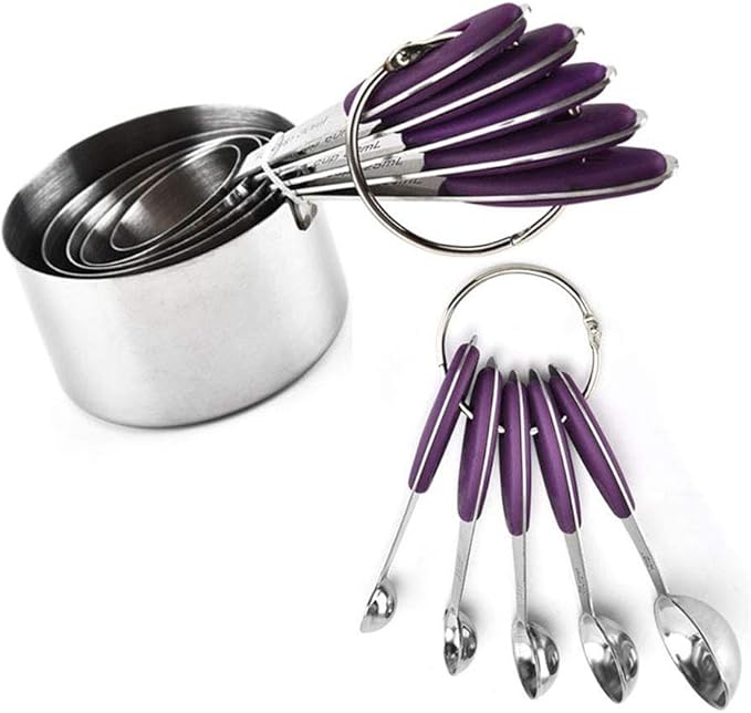 Measuring Cups and Spoons Set with Silicone Handle, Set of 10 Including Stainless Steel 5 Measuring Cups & 5 Measuring Spoons. Widely Used Cooking Baking Measurement as Kitchen Gadget.