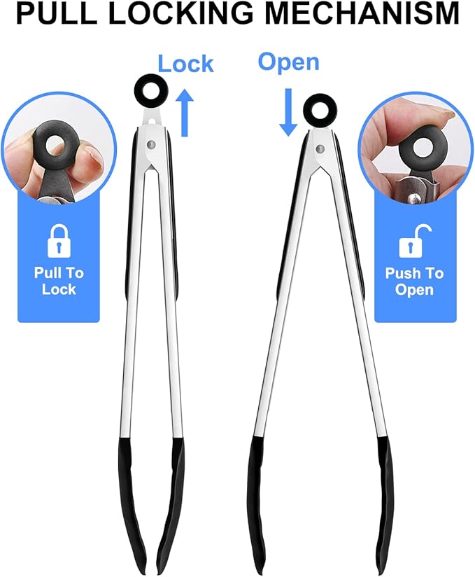 600ºF Heat Resistant Kitchen Tongs, Premium Locking Cooking Tongs with Silicone Tips, Non-Slip Food Tongs for Cooking, Non-Stick, Heavy Duty Stainless Steel Handle, Set of 3-7" 9" and 12" Black