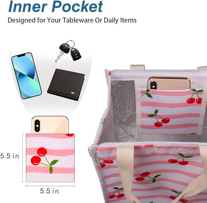 iknoe Insulated Lunch Bag for Women & Adults, 9L Foldable Wide-Open Cooler Bag with Pockets, Leakproof & Portable, for Picnic, Office, Beach(Cherry)
