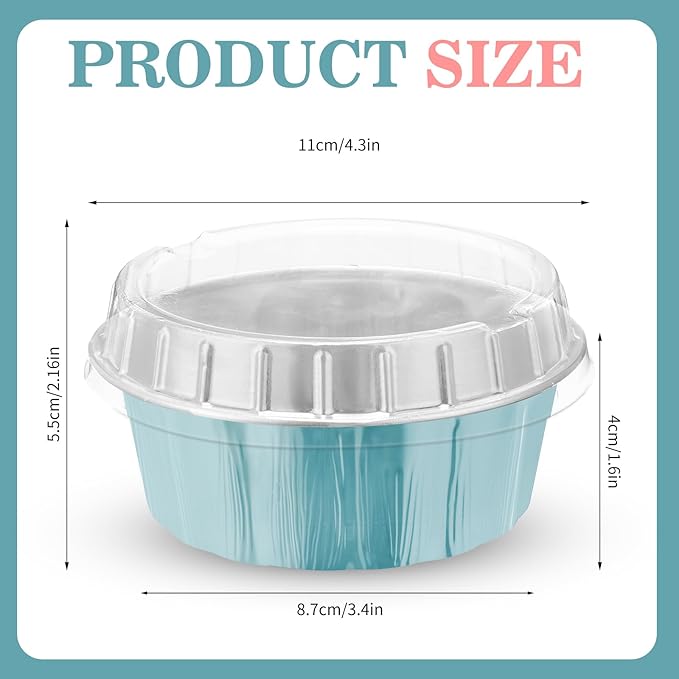 Tessco for you 100 Pcs Disposable Ramekins with Lids 8 oz Creme Brulee Ramekin Aluminum Foil Cup Cupcake Liner Baking Valentines Disposable Muffin Tin Pan Cheesecake Container (Blue,Silver)
