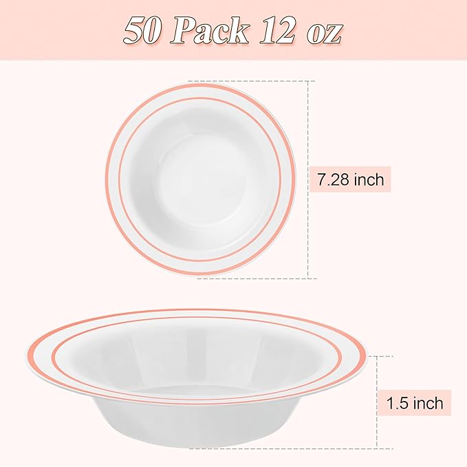 50 Pack Disposable Soup Bowls with Rose Gold Rim, 12oz Premium Heavy Duty Plastic Dinner Bowls for Party, Wedding and Holiday