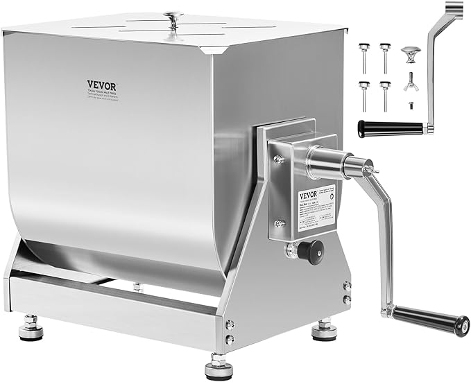 VEVOR Manual Meat Mixer, 60 Pound Capacity Tilt Tank Meat Mixer, Stainless Steel Meat Processing Equipment, Sausage Mixer Machine with Lid and Handle, Ground Beef Hand Mixer, Silver