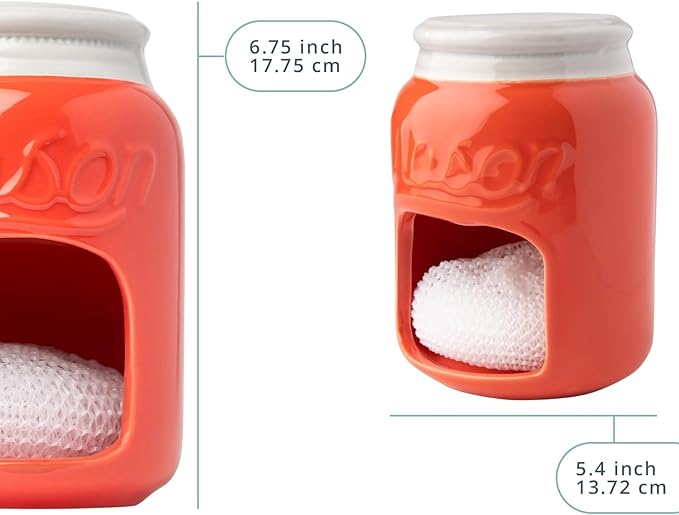 Comfify Ceramic Sponge Holder – Coral Mason Jar Sink Caddy – Farmhouse Kitchen Accessory with Free Sponge