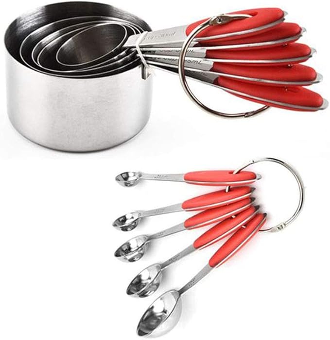 Measuring Cups and Spoons Set with Silicone Handle, Set of 10 Including Stainless Steel 5 Measuring Cups & 5 Measuring Spoons. Widely Used Cooking Baking Measurement as Kitchen Gadget.
