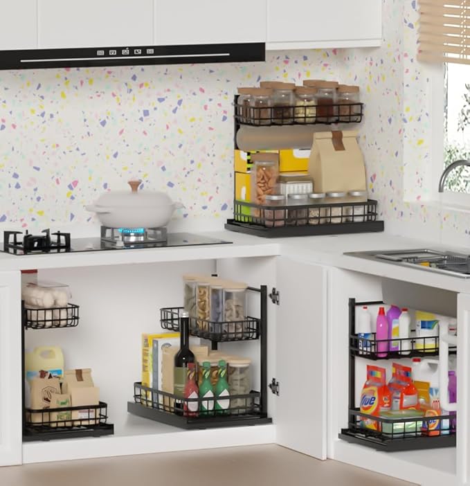 Under Sink Organizer, Adjustable Height Pull-Out Kitchen Storage Organization,15.8" x 11.8" x 16.5", 2-Tier Kitchen Shelf, Bathroom Drawer Organizer, 2 Pack|Black