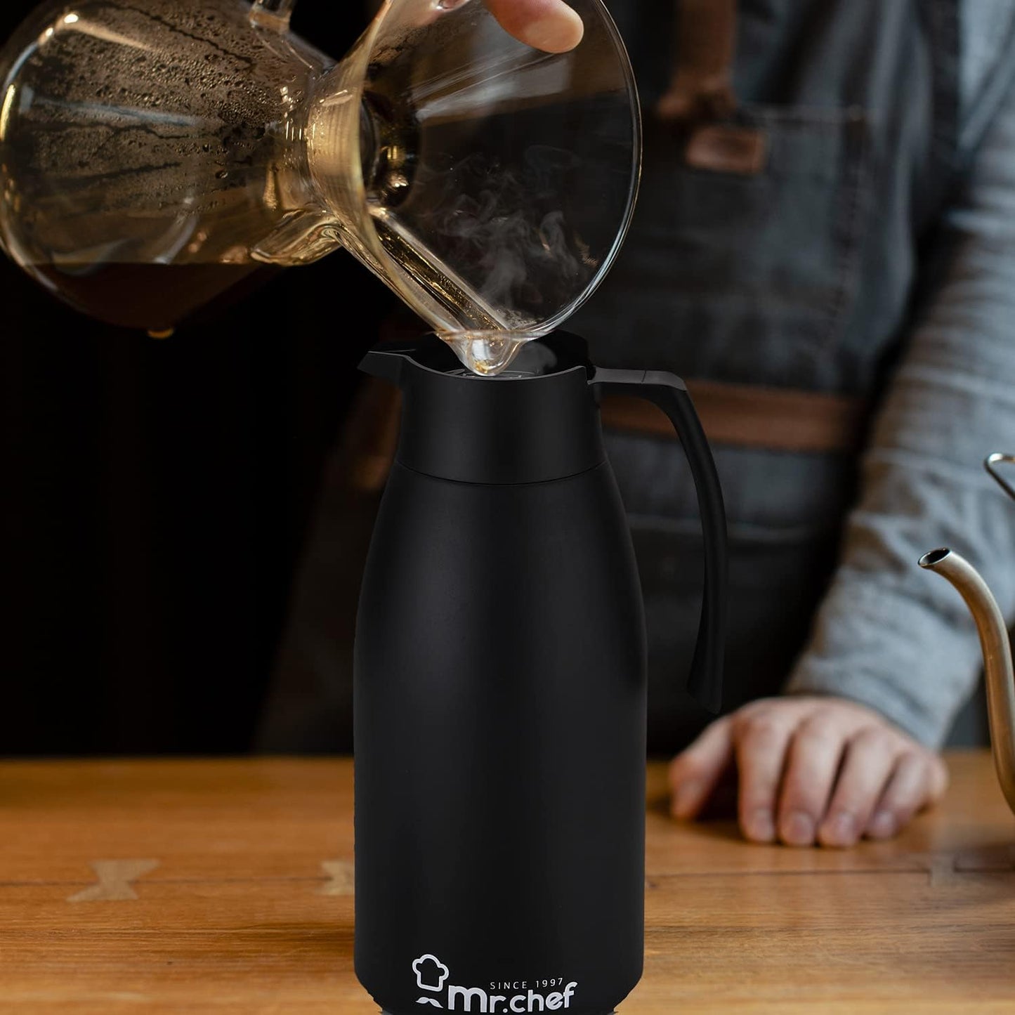 SINCE 1997 MR.CHEF 51Oz Thermal Coffee Carafe, Insulated Stainless Steel Coffee Carafes for Keeping Hot/Double Walled Vacuum Coffee Carafe (Black, 1.5L)
