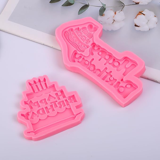 2 Pcs Birthday Cake Decoration Fondant Molds Cake Shape "Happy Birthday" Silicone Mold,for Cupcake Topper Chocolate Candy Marzipan Gum Flower Paste DIY Resin Plaster Clay Crafts