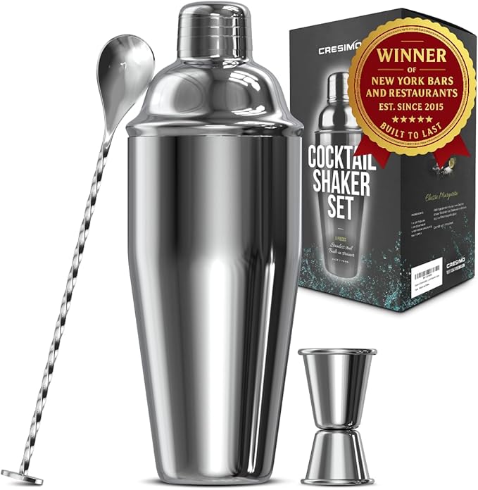 Cresimo 24oz Cocktail Shaker Set with Bar Accessories for Home Bar - Martini Shaker with Jigger and Drink Mixer Spoon - Alcohol Bartender Gift - Bartending Kit Essential for Home