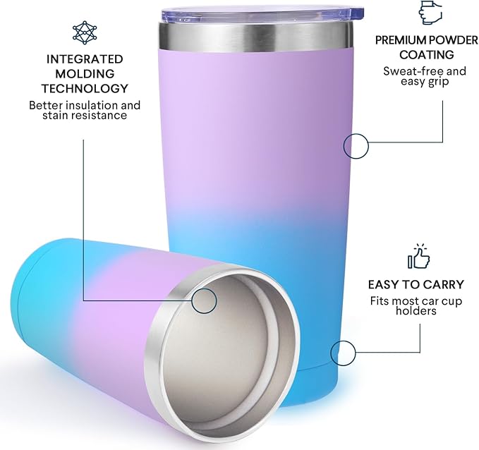 Volhoply 20oz Stainless Steel Tumbler with Lid and Straw Bulk 4 Pack,Double Wall Insulated Travel Iced Coffee Mug Fits Cup holder,Powder Coated Cups for Hot/Cold Drinks,Gifts for Women（Assorted,4 Set）