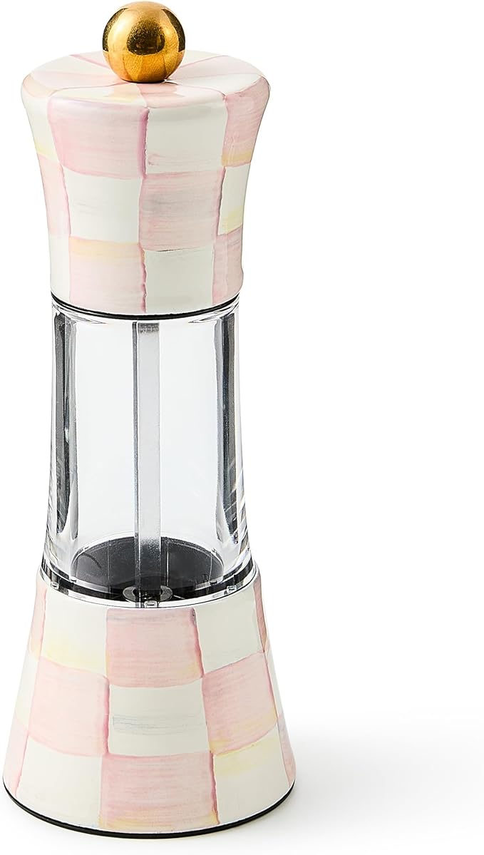 MACKENZIE-CHILDS Enamel Grinder, Refillable Manual Salt Grinder and Pepper Grinder, Pink-and-White Rosy Check
