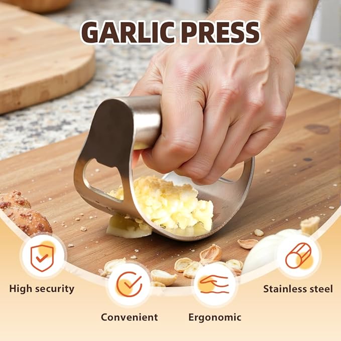 Stainless Steel Garlic Presser, Upgrade Rocker Crusher Masher with Garlic Peeling, 2026 New Portable Manual Stainless Steel Garlic Press for Home Kitchen Utensils (1)