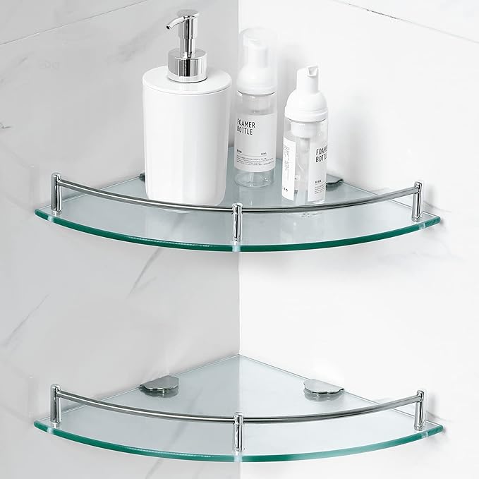 Crowye 2 Pcs Corner Shower Shelf 2-tier Glass Corner Shelf Stainless Steel Wall Mounted Bathroom Organizer for Storing Shower Gel Shampoo Brush, 9.25 Inches (Silver)