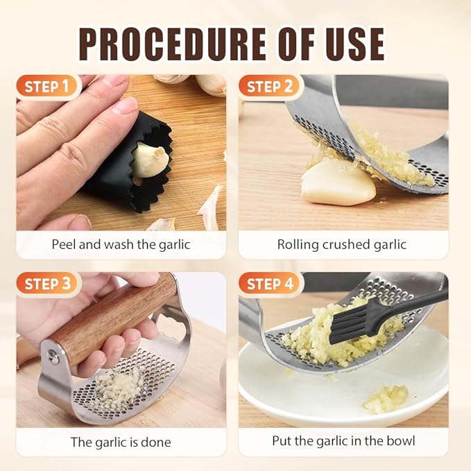 Stainless Steel Garlic Presser, Upgraded Garlic Press Rocker with Peeler and Cleaning Brush, Ergonomic Handle for Cooking Enthusiasts (1 pcs)