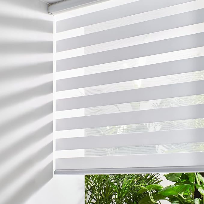 Persilux Cordless Zebra Blinds for Indoor Windows, Free-Stop Light Filtering Sheer Shades, Dual Layer for Day and Night, Roller Shades for Home (35.25" W X 64" H, White)