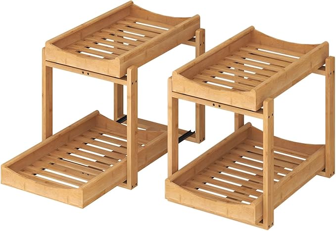 MHXW SXPN Bamboo Under Sink Organizer and Storage, Pull Out Cabinet Organization, 2 Tier Vertical Slide Out Undersink Storage Shelf, Organizer Shelves for Kitchen Bathroom Medicine (Natural, 2 Pack)