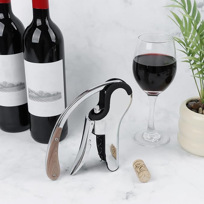 KAYCROWN Stainless Steel Wine Bottle Opener, Vertical Lever Corkscrew with Built-in Foil Cutter Design, Manual Handheld Corkscrew with Ergonomic Lever Pump