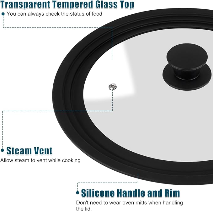 Universal Lid for Pots, Pans and Skillets - Tempered Glass Lid with Heat Resistant Silicone Rim Fits fit 7", 8" 9" & 10", 11", 12" Diameter Cookware, Replacement Lid for Frying Pan & Cast Iron Skillet