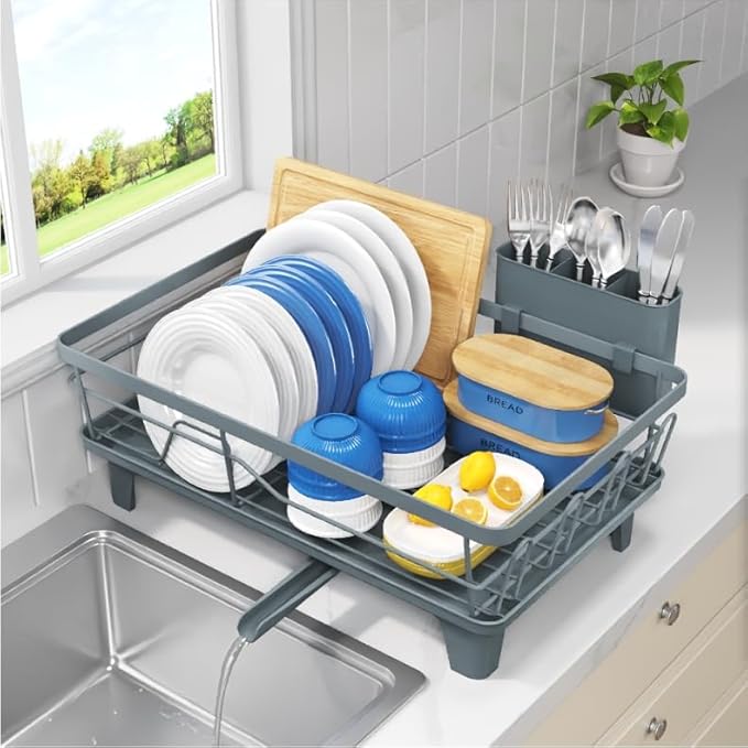 Urackify Dish Drying Rack for Kitchen Counter, Sink Dish Rack with Drainboard, Large Dish Drainer with Cups Holder, Home Countertop Plate Dryer Storage Rack with Cutlery Holder, Blue