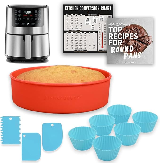 Air Fryer Silicone Baking Set, 8.5” Cake Pan, Muffin Cups, Scraper & Cheat Sheet – Non-Stick, BPA-Free Bakeware for Instant Vortex, Cosori, Ninja, Chefman & More by INFRAOVENS