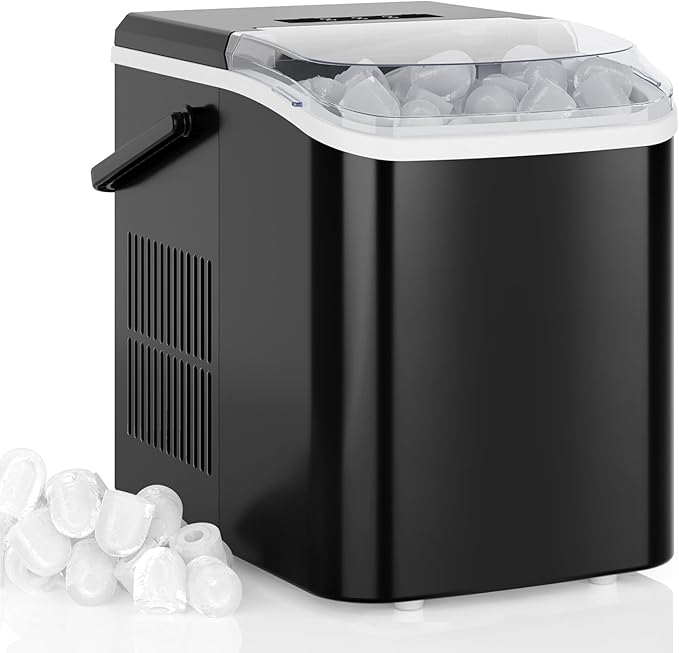 DUMOS Countertop Ice Maker with Handle, 26lbs/24H Portable Ice Machine, 9 Bullet Ice Cubes Ready in 6 Mins, Self-Cleaning, Quiet Compact Ice Maker for Home, Kitchen, RV, Camping, Modern Black