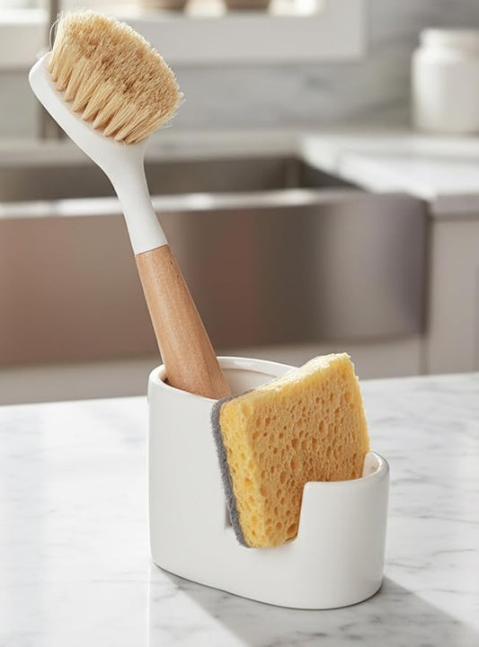 Ceramic Sponge Holder for Kitchen Sink, 2-in-1 Sponge & Brush Organizer, Compact Countertop Sink Caddy with Raised Edge to Catch Drips, Keeps Countertops Dry, Dishwasher Safe, Rustproof, White