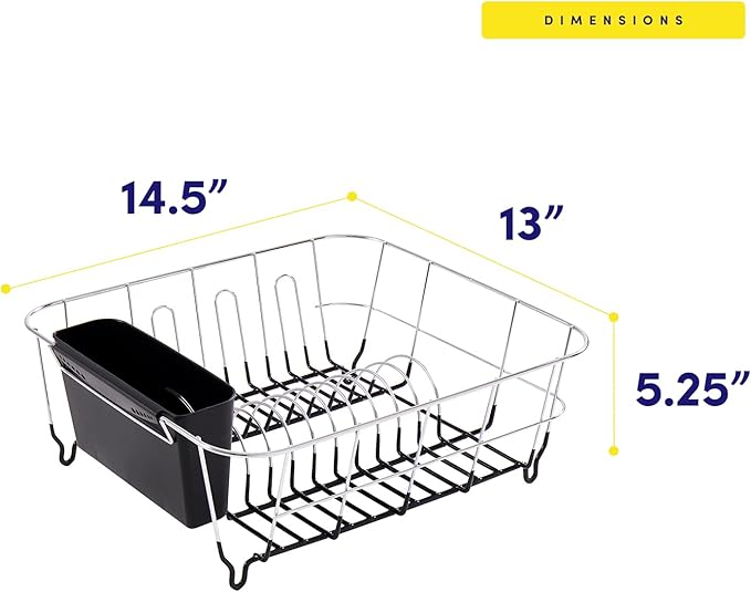 Sweet Home Collection 2 Piece Dish Drying Rack Set Drainer with Utensil Holder Simple Easy to Use Fits in Most Sinks, 14.5" x 13" x 5.25", Black