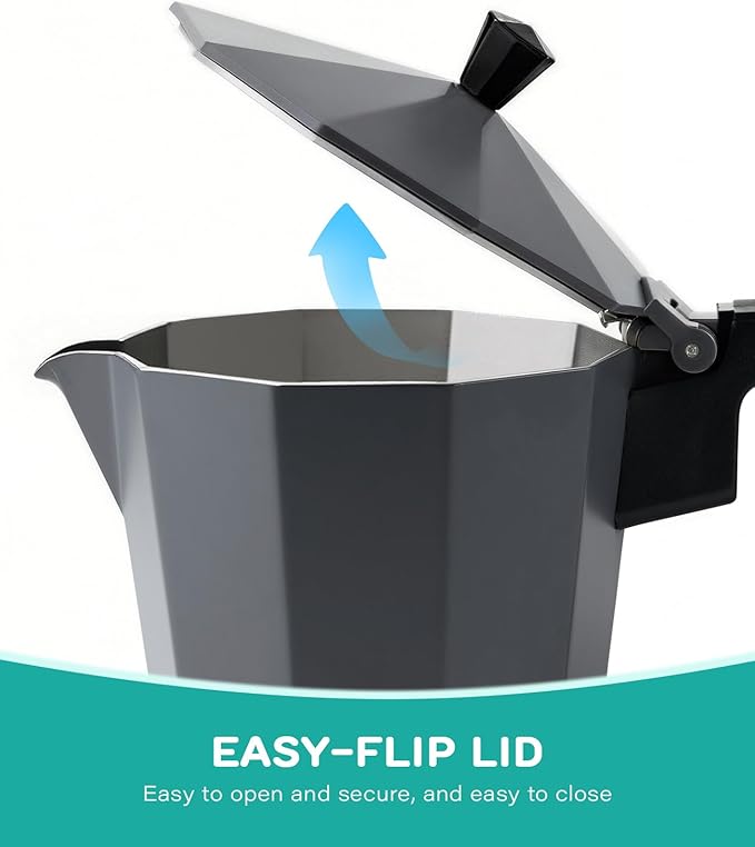 Coffee Gator Moka Pot - 6 Cup, 12oz Stovetop Espresso Maker - Classic Italian and Cuban Coffee Percolator w/ 2 Stainless-Steel Cups – Matte Grey Aluminum, 360ml