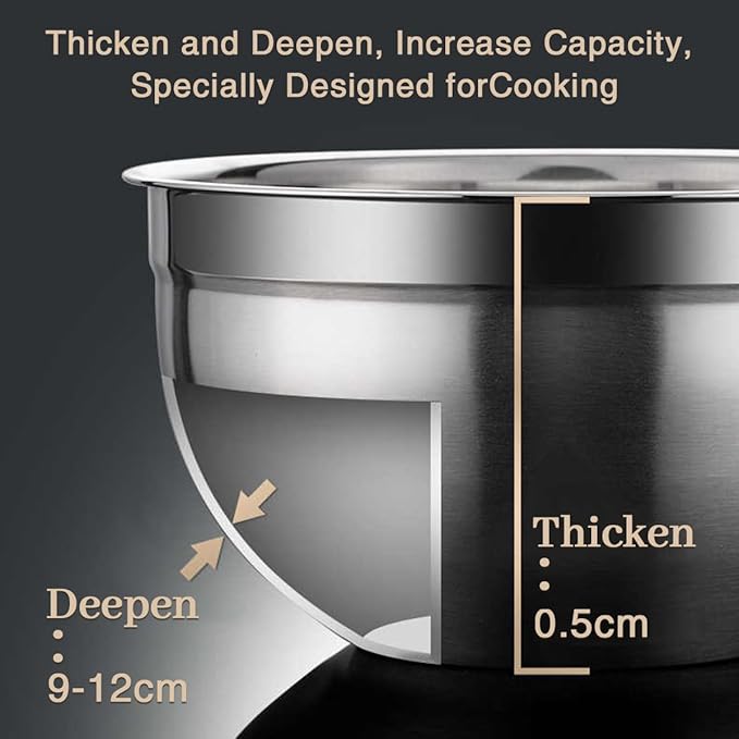 Mixing Bowls, 5Pcs Stainless Steel Mixing Bowl Set, Utensils for the Kitchen, Multifunctional, Stackable, Dishwasher Safe, 3.75L / 3.25L / 2.5L / 2L / 1.3L (Without)