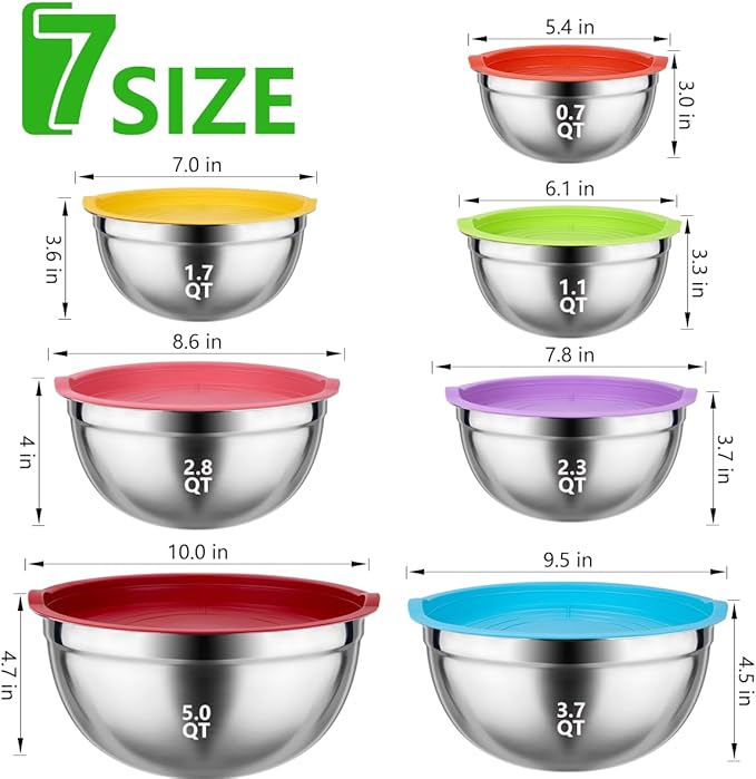 Leidawn Mixing Bowls with Lids for Kitchen - 25 PCS Stainless Steel Nesting Colorful Mixing Bowls Set for Baking,Mixing,Serving & Prepping,Size 5, 3.7, 2.8, 2.3, 1.7, 1.1, 0.7QT,11 Cooking Utensils