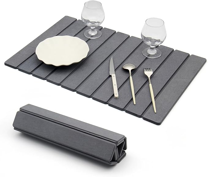 Stone Drying Mat for Kitchen Counter, Large Dark Gray Foldable Diatomaceous Earth Dish Drying Mat, Quick-Dry Absorbent Bath & Countertop Mat for Dishes Bottles Cups（23.6"x15.4"）