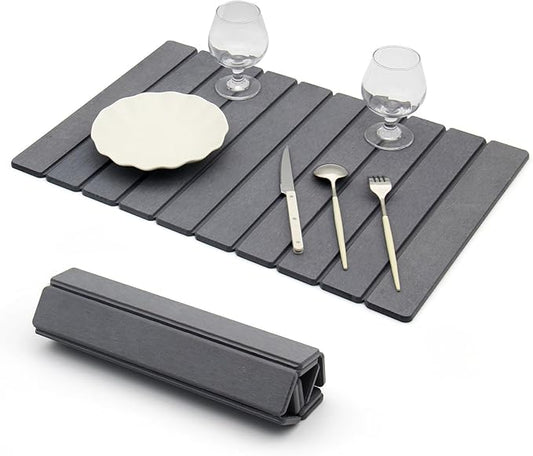 Stone Drying Mat for Kitchen Counter, Large Dark Gray Foldable Diatomaceous Earth Dish Drying Mat, Quick-Dry Absorbent Bath & Countertop Mat for Dishes Bottles Cups（23.6"x15.4"）