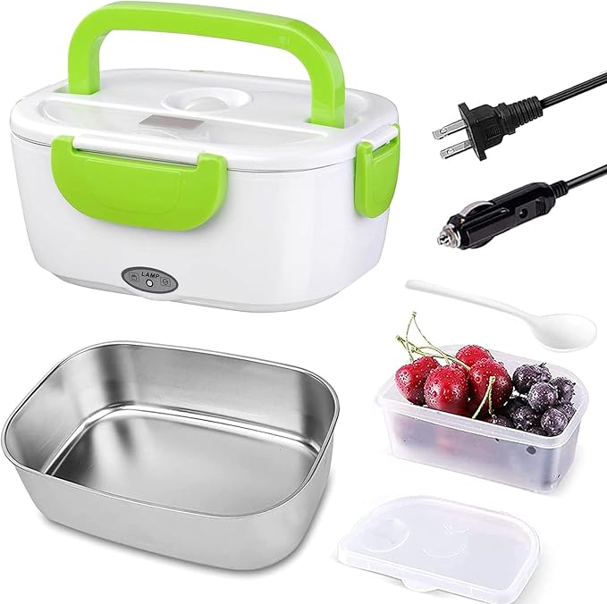 Electric Lunch Box 2 In 1 Food Heater 12V 24V 110V Portable Food Warmer for Car and Home Removable Stainless Steel Heated Bento Box (Green)