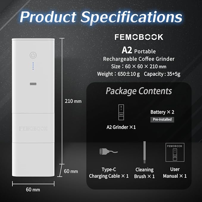 Femobook-A2 Portable Electric Coffee Grinder, Cordless Burr Grinder USB Rechargeable Coffee Grinder Magnetic Grounds Cup for Travel & Home Brewing, White