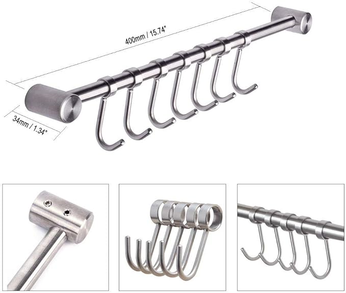 304 Stainless Steel Kitchen Utensil Racks with 7 Sliding Hooks Hangers Wall Mounted 15"